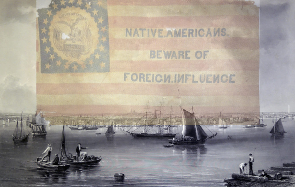 Flag of the American Party, or Know-Nothings, hangs above a lithograph of Boston Harbor in 1853