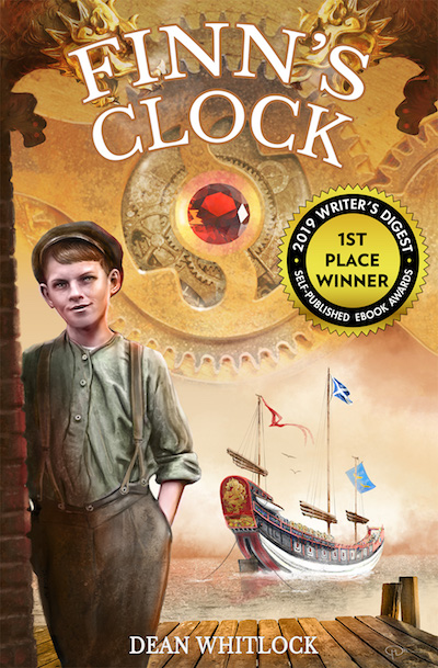 Finn's Clock cover showing Finn, clockwork, Chinese junk, and Writer's Digest award