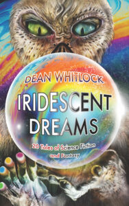 Cover art for Iridescent Dreams, by Maurizio Manzieri, showing a white, furred alien painting on an iridescent soap bubble containing the title.