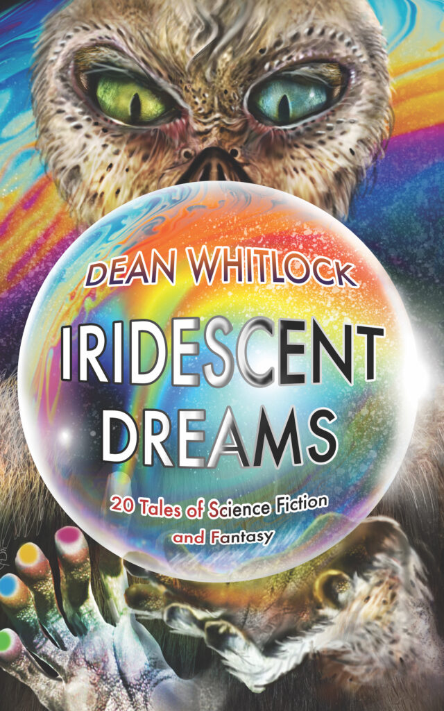 Cover art for Iridescent Dreams, showing a white, furred alien painting on an iridescent soap bubble containing the title.